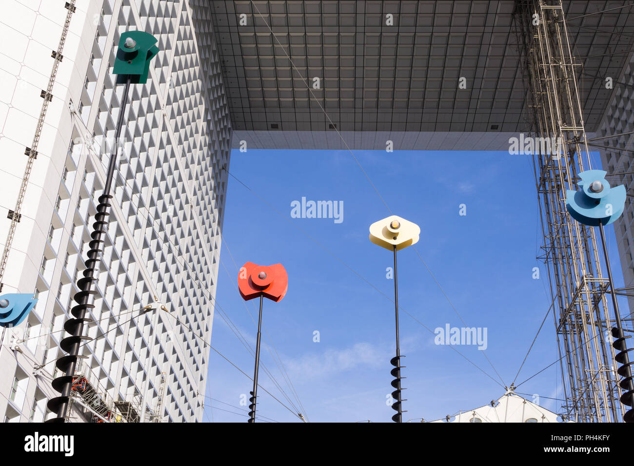 Close up of the Grande Arche and the artwork Signaux Lumineux by the artist Takis in La Defense area of Paris, France. Stock Photo