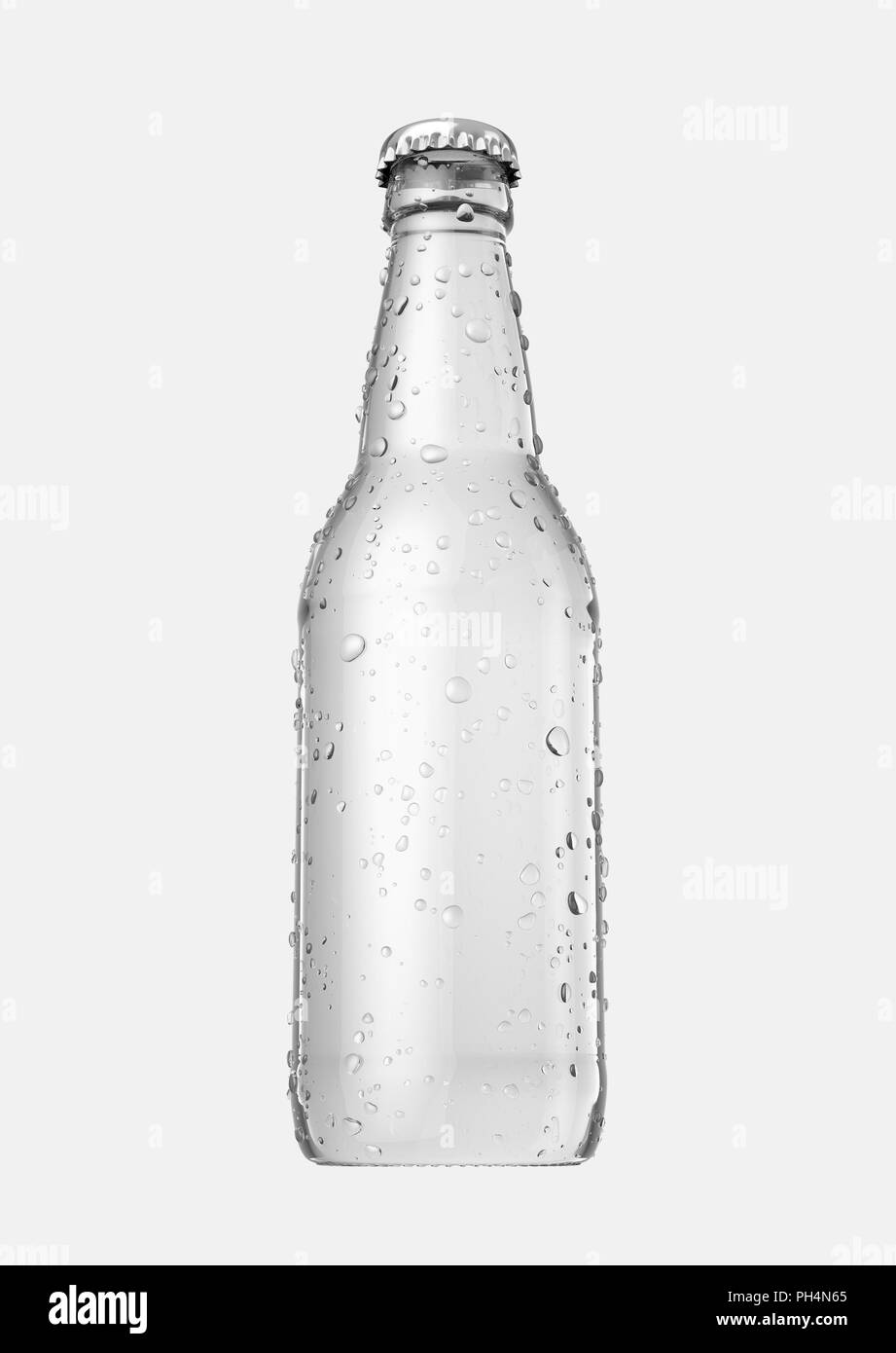 A clear glass beer bottle with droplets of condensation on an isolated