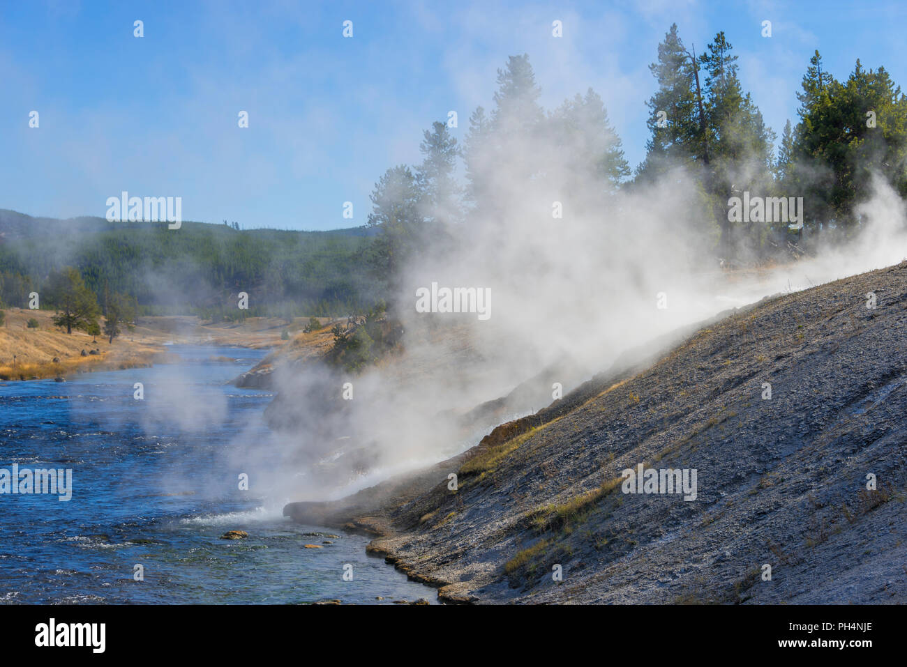 Grand Prismatic Spring, Firehole river, Yellowstone National Park, USA ...