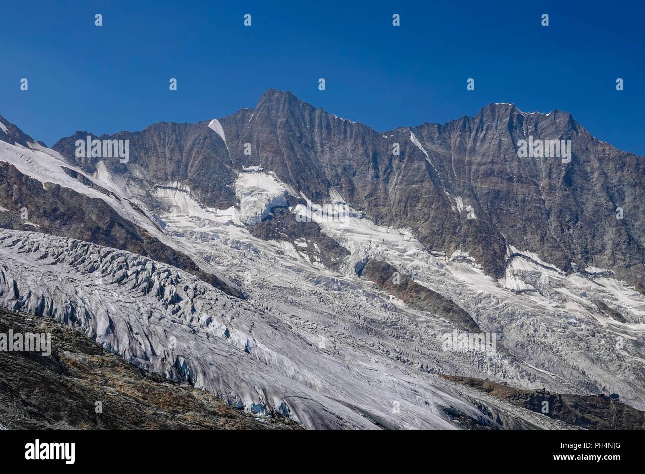 Taschorn and Dom with receding glaciers, Saas Fee, Mittelallalin summer ski area, Saastal