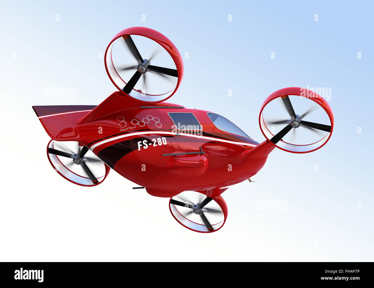 Self driving Passenger Drone flying in the sky. 3D rendering image. Stock Photo