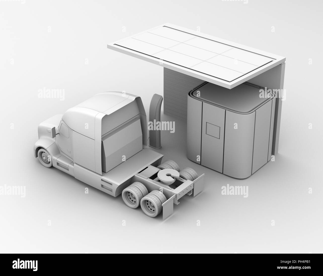 Clay rendering of  Fuel Cell powered truck filling hydrogen gas in Fuel Cell Hydrogen Station. 3D rendering image. Stock Photo