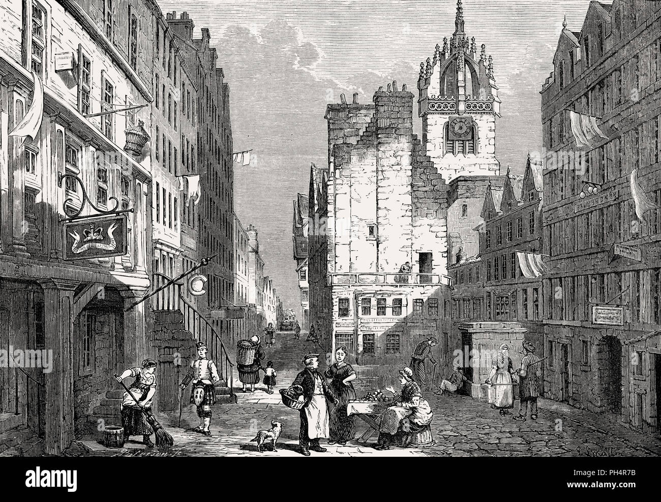 The 'Heart of Midlothian', High Street, Royal Mile in Edinburgh, Scotland, 19th century Stock Photo