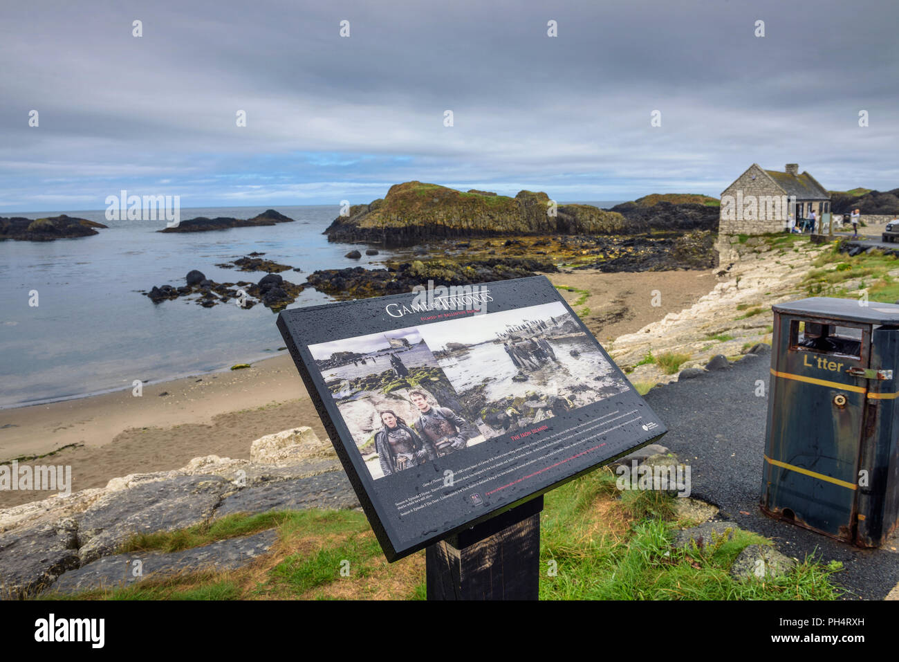 Visitor information sign at Ballintoy harbor, Northern Ireland Stock Photo
