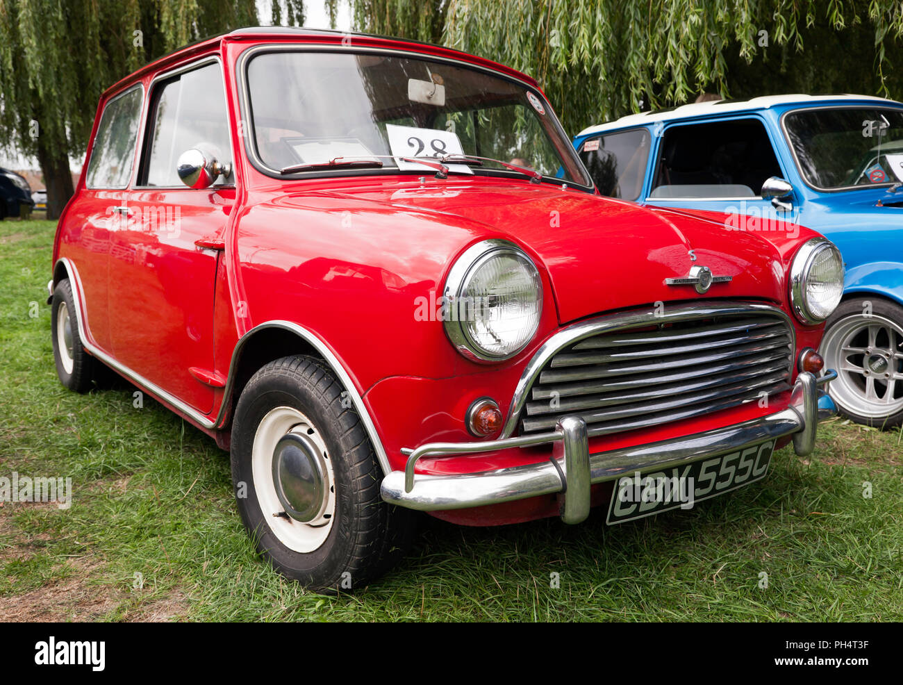 Three-quarter front view of a 1965, Red, Morris Mini Cooper S. at the Quay, during the Sandwich Festival; 2018 Stock Photo
