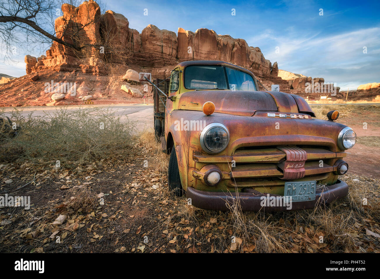 Deserted Dodge pickup vehicle parked in Bluff, Utah Stock Photo