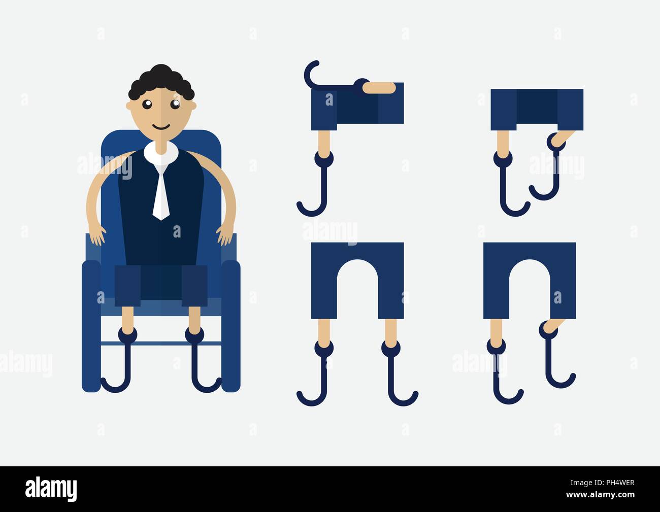 Character design of disable person that is business man with blue cloth on wheel chair. Stock Vector