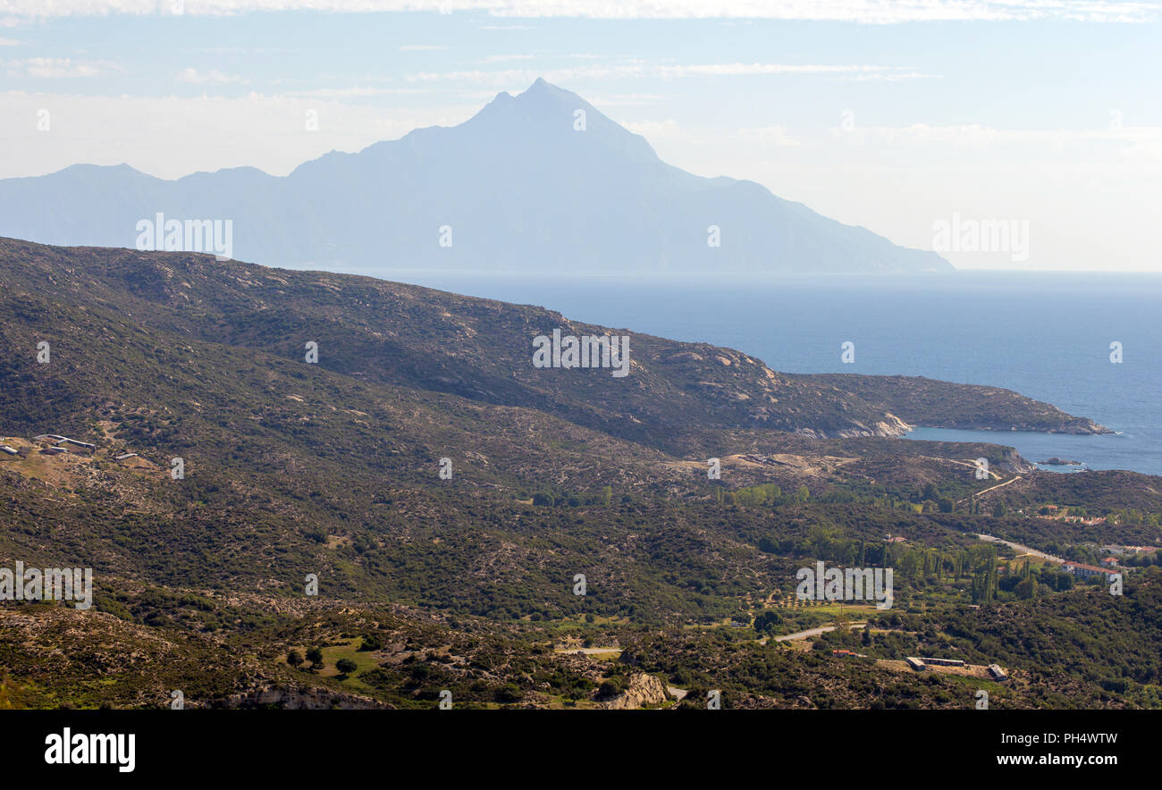 Mount Athos with peak, Halkidiki, Greece Stock Photo