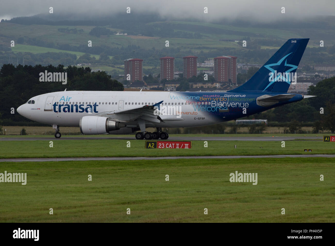 Air Transat flight across the pond departs Glasgow International Airport, Renfrewshire, Scotland - 28th August 2017 Stock Photo