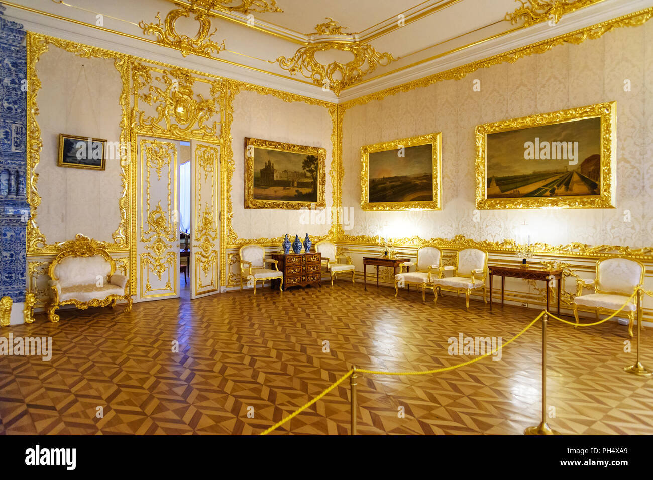 Pushkin, Saint Petersburg, Russia - January 8, 2018: Small White Dining Room in Catherine palace in Tsarskoe Selo Stock Photo