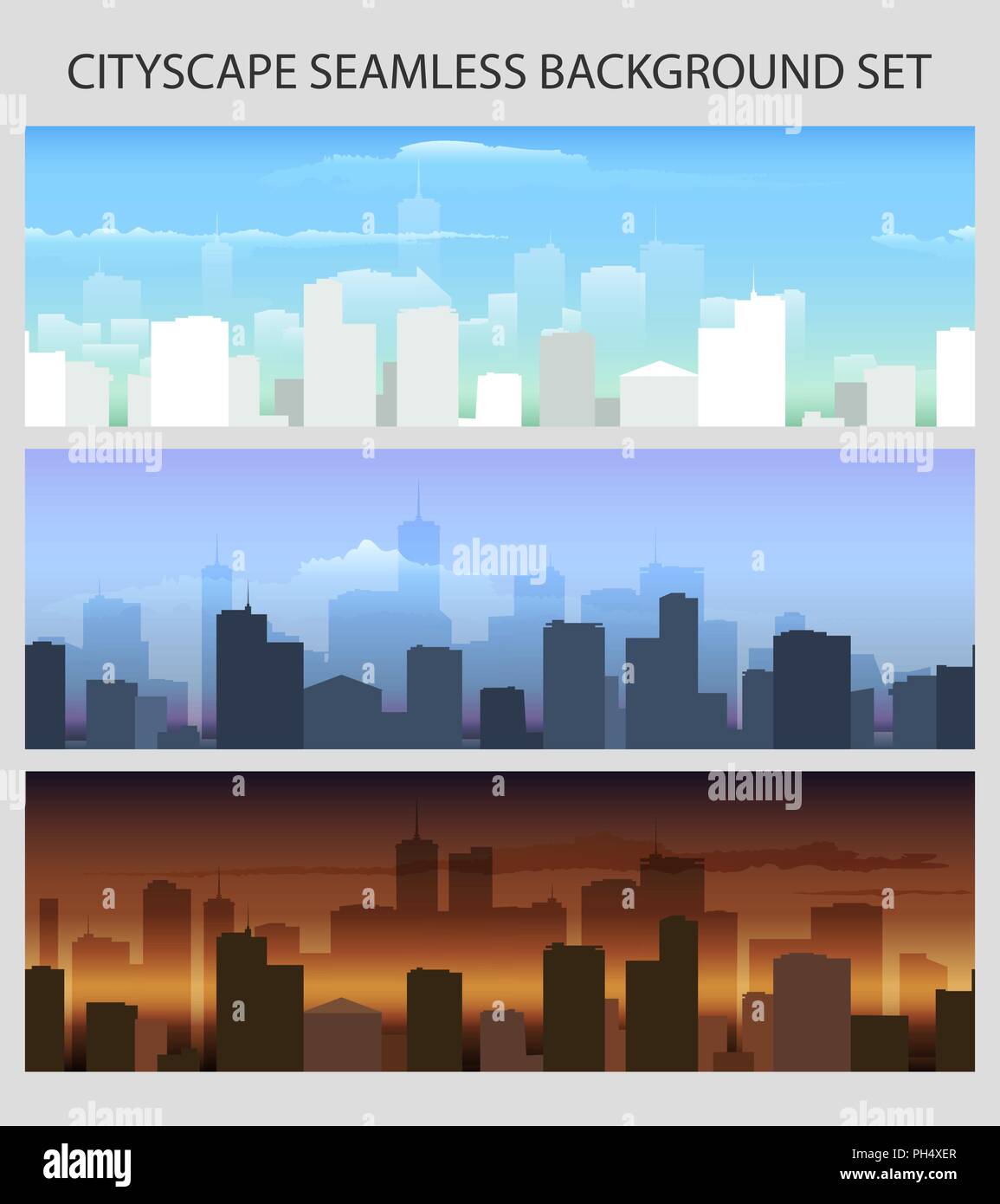 Sunrise, dawn and day cityscape seamless horizontal backround set. Vector illustration Stock Vector