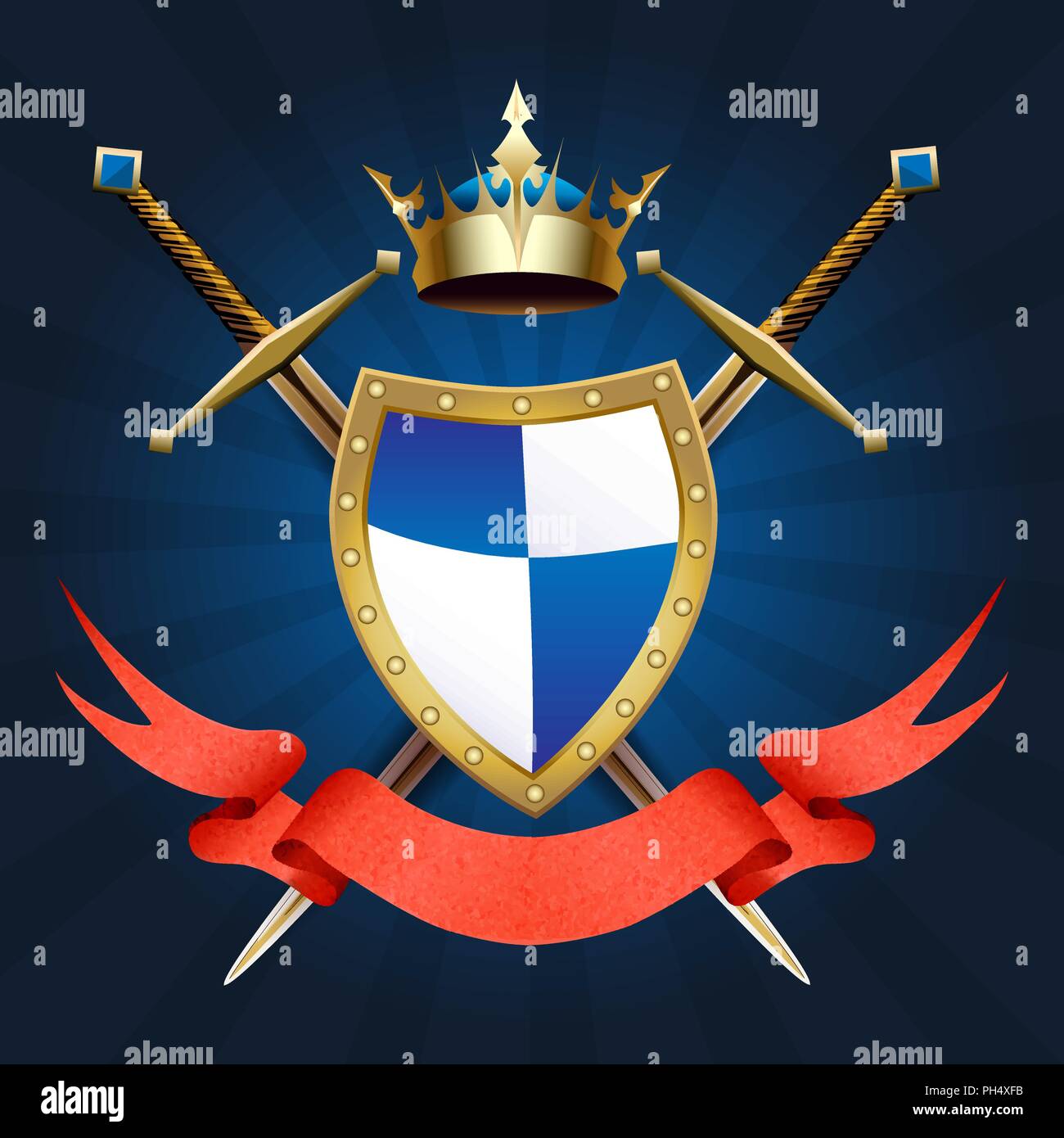Heraldic Knight coat of arms with crown. swords and ribbon. Vector illustration. Stock Vector