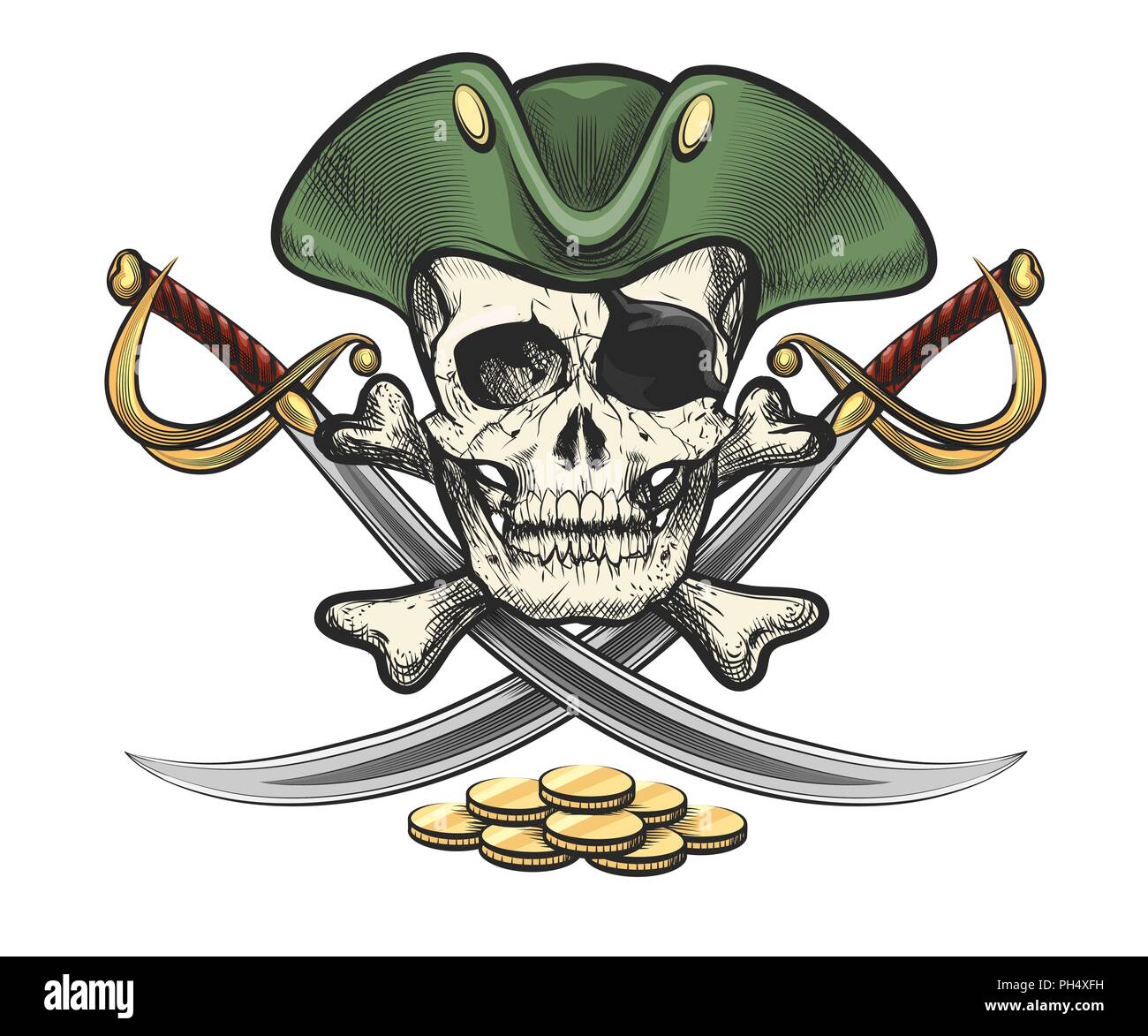 Hand Drawn Pirate Skull and bones with sabres. Vector illustration in tattoo style. Stock Vector