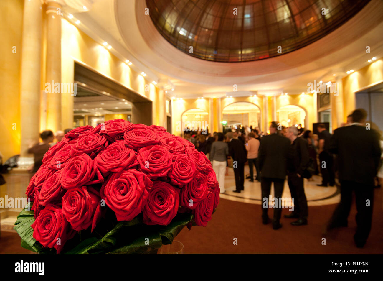 Red roses in the lobby of Hotel Bayerischer Hof , Munich Stock Photo