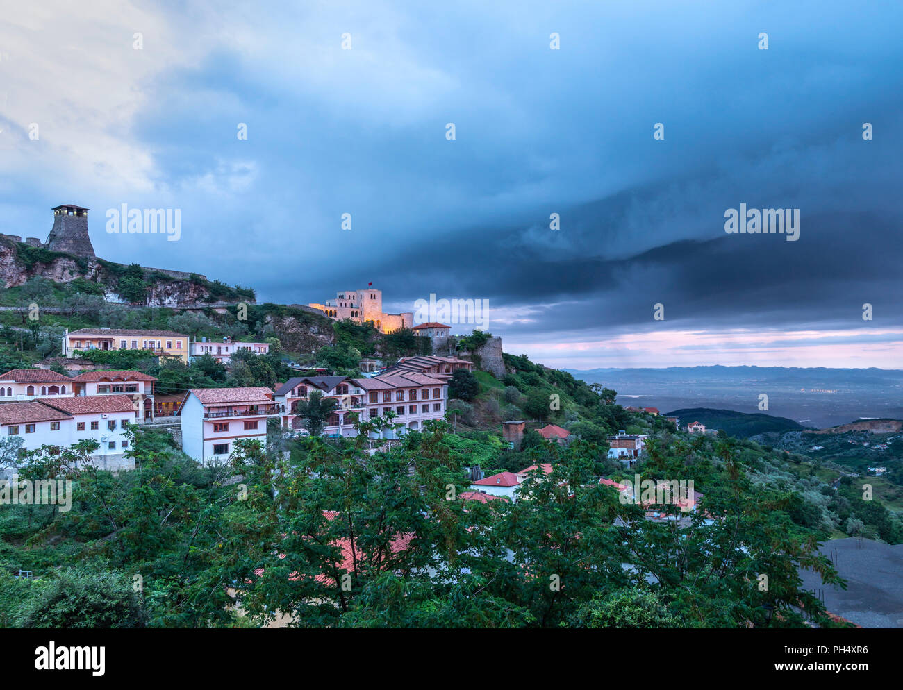 Looking across Kruja, towards the castle, on a stormy evening, central Albania. Stock Photo