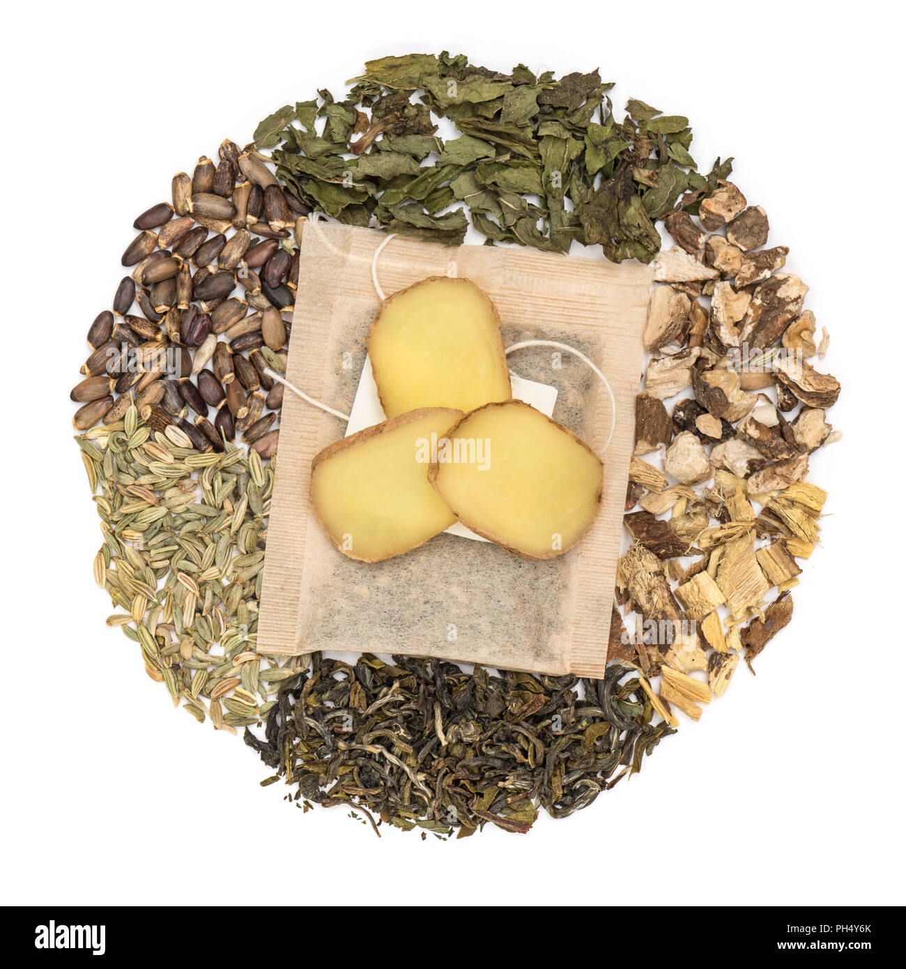 Detox tea bag with ingredients isolated on white background, flat lay