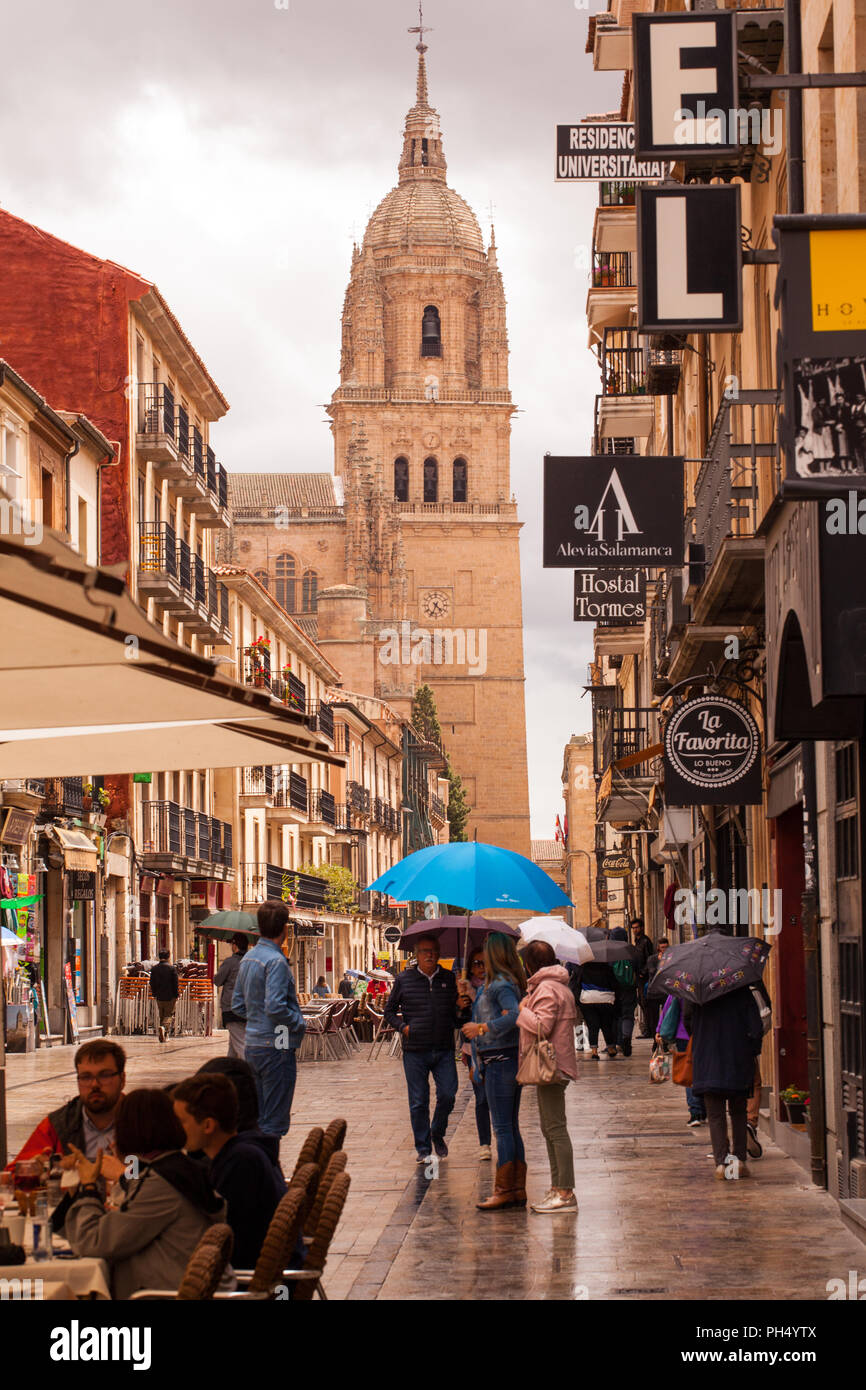 Street scene from the Spanish city of Salamanca Spain with tourists and holiday makers in the university town with its many historic buildings Stock Photo