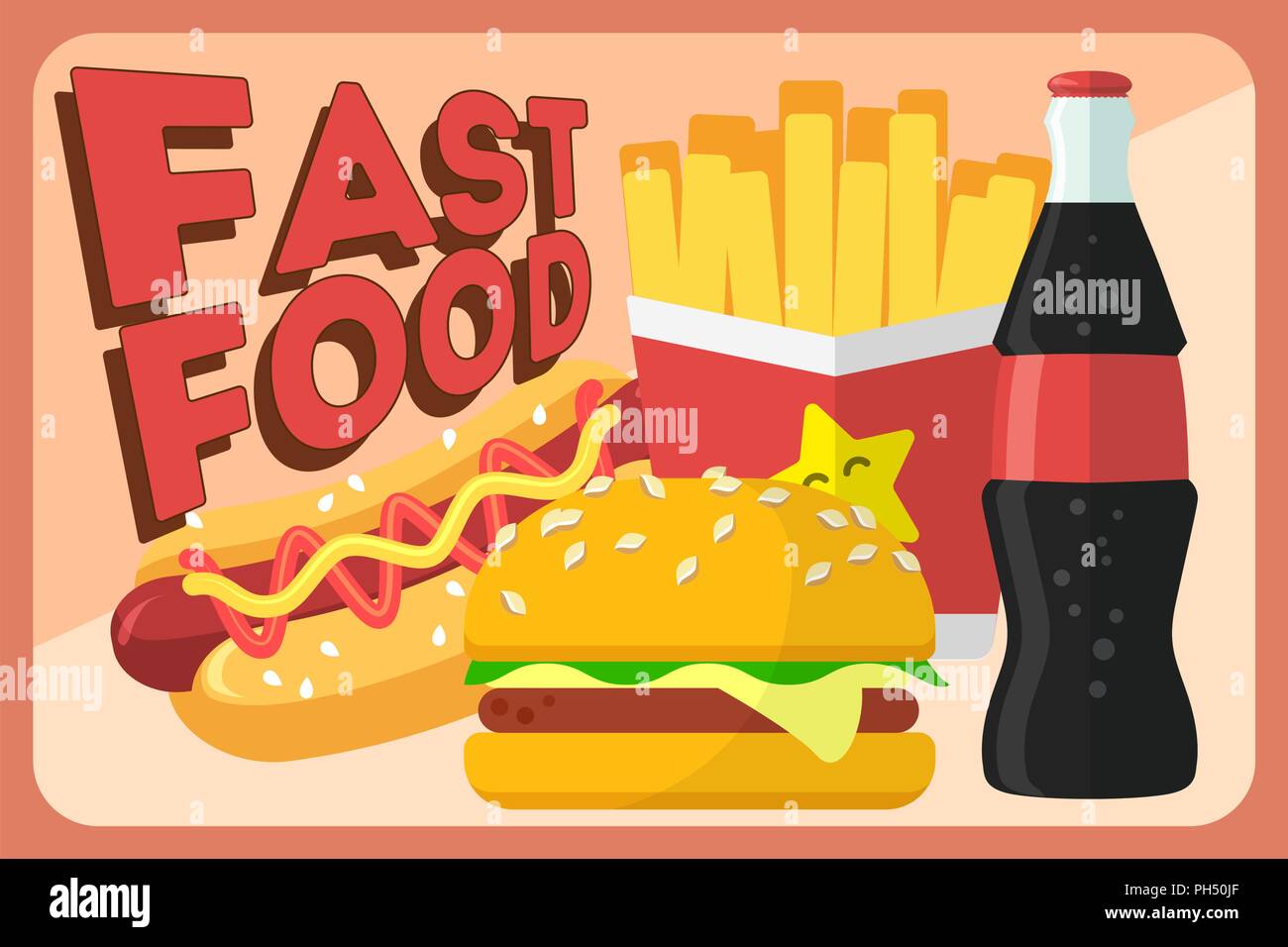 Colorful Fast Food Vector Retro Banner Fast Food Hamburger Dinner And Restaurant Tasty Set Fast Food Many Meal And Unhealthy Fast Food Classic Nutrition In Flat Style Stock Vector Image Art