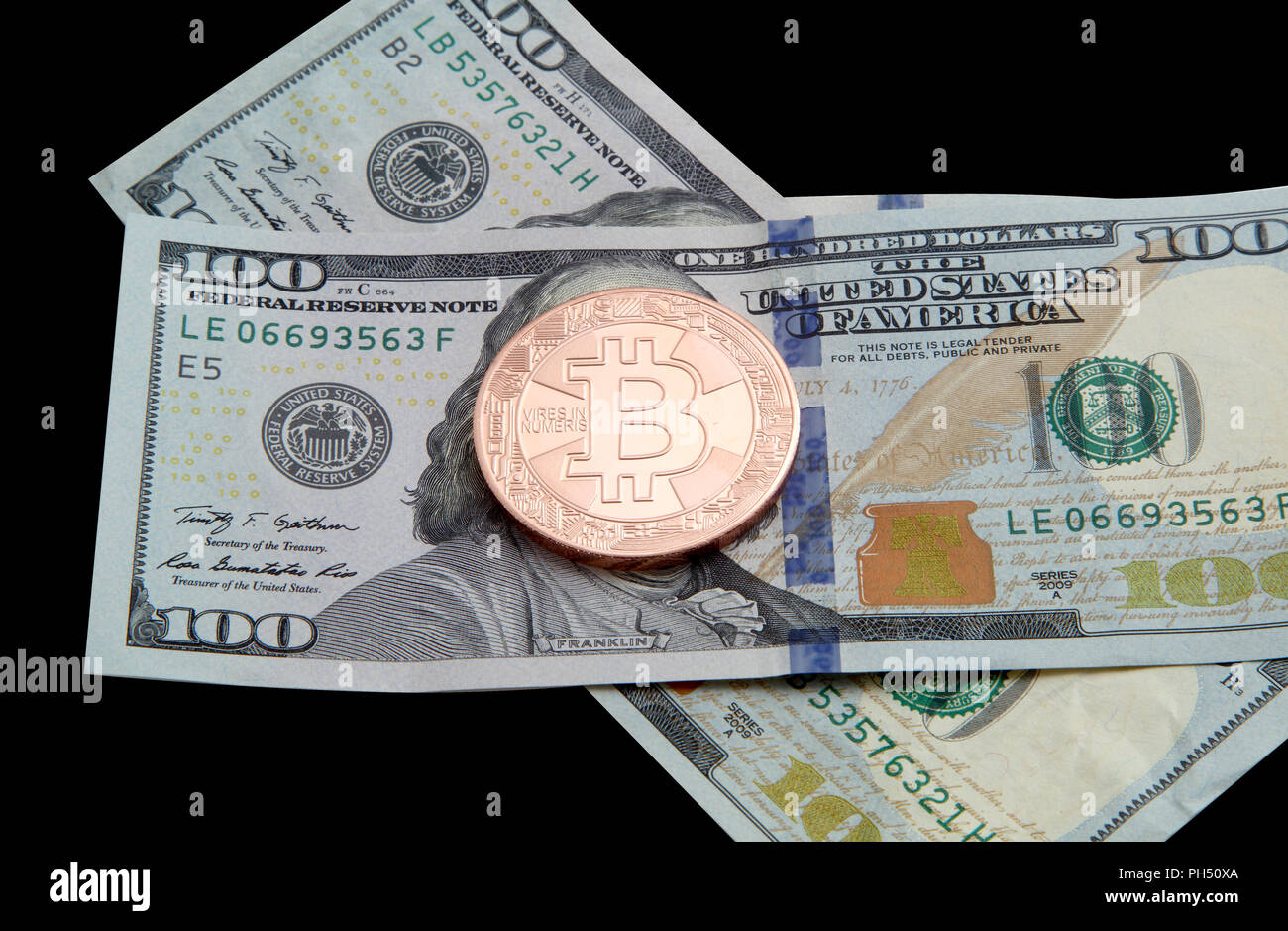 on banknotes 100 dollars coin bitcoin. Photo isolated on white Stock Photo  - Alamy