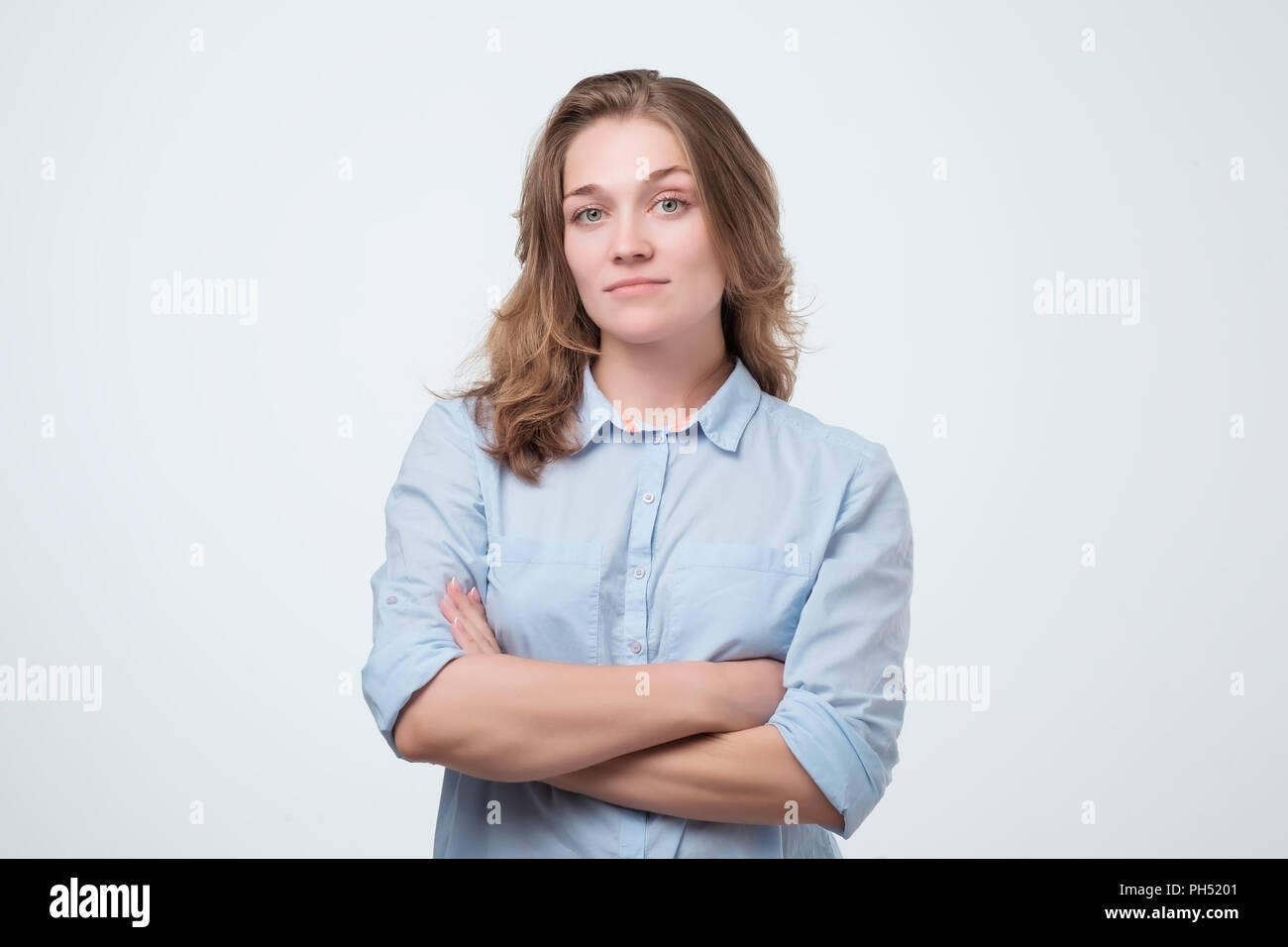 Mature woman blue shirt hi-res stock photography and images - Alamy