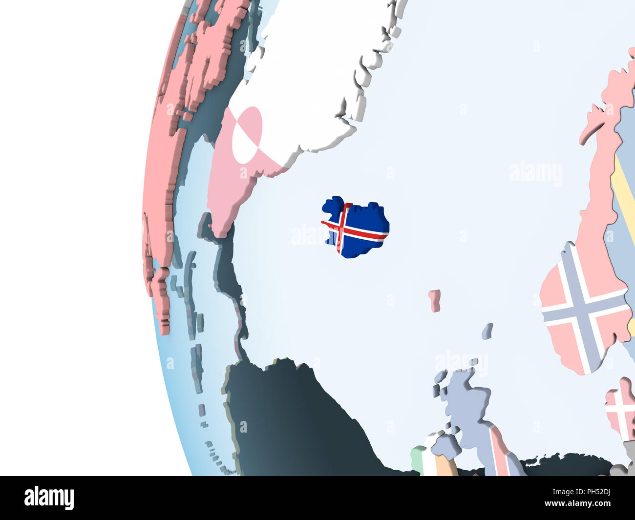 Iceland on bright political globe with embedded flag. 3D illustration ...