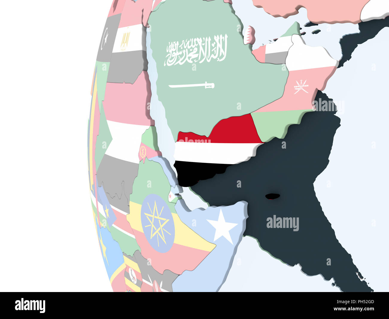 Yemen on bright political globe with embedded flag. 3D illustration ...