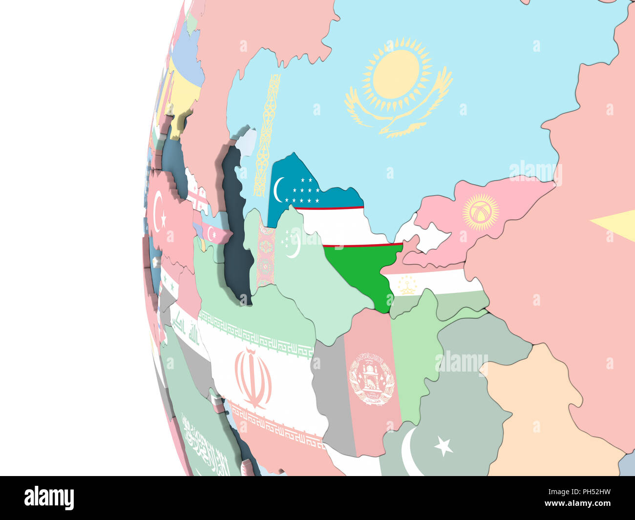 Uzbekistan on bright political globe with embedded flag. 3D ...