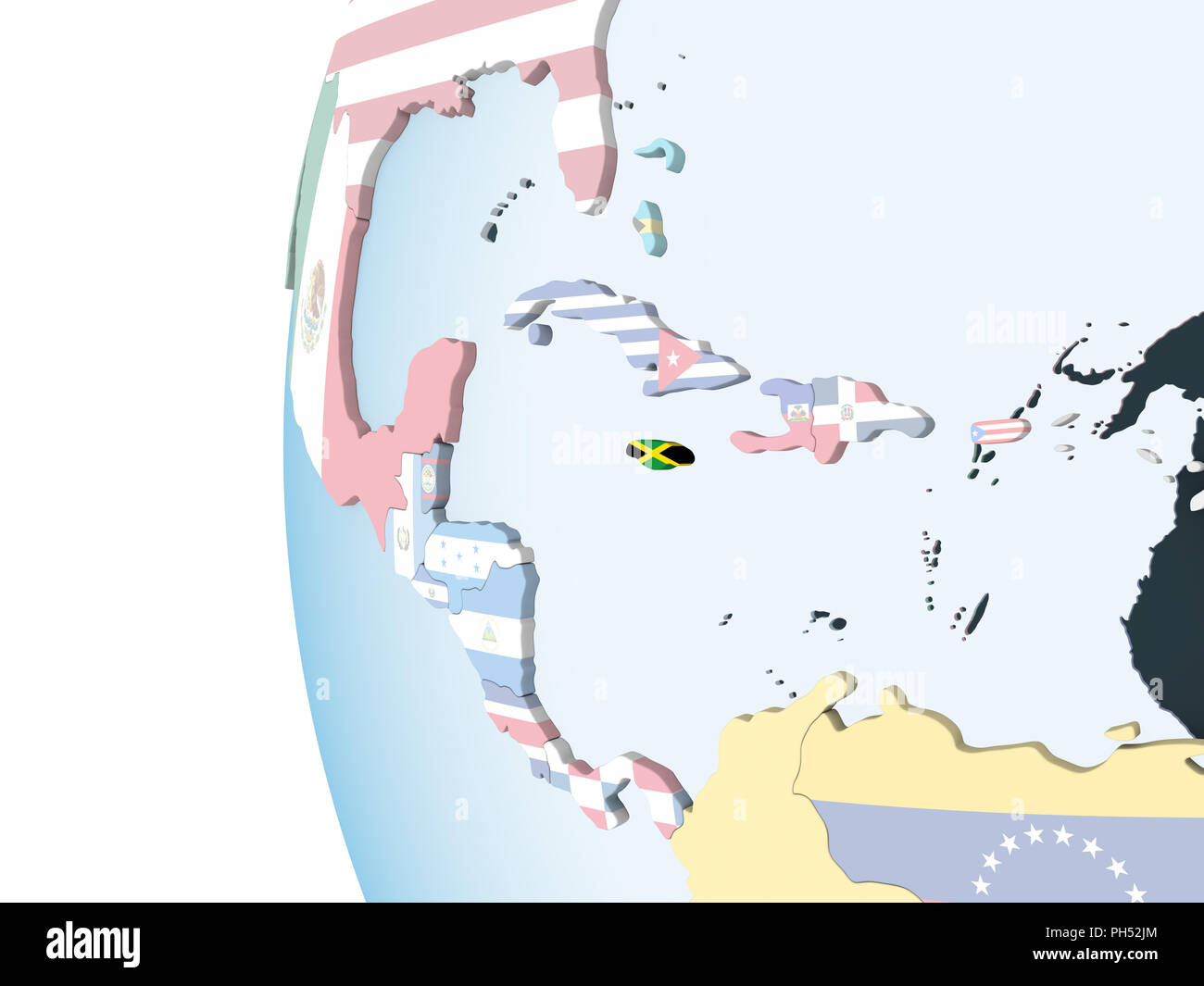 Jamaica on bright political globe with embedded flag. 3D illustration ...