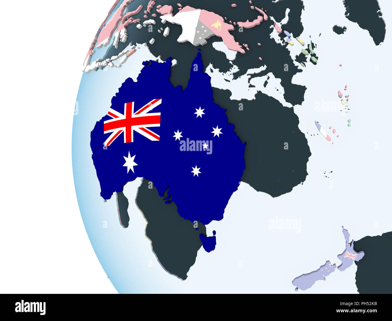 Australia on bright political globe with embedded flag. 3D illustration ...