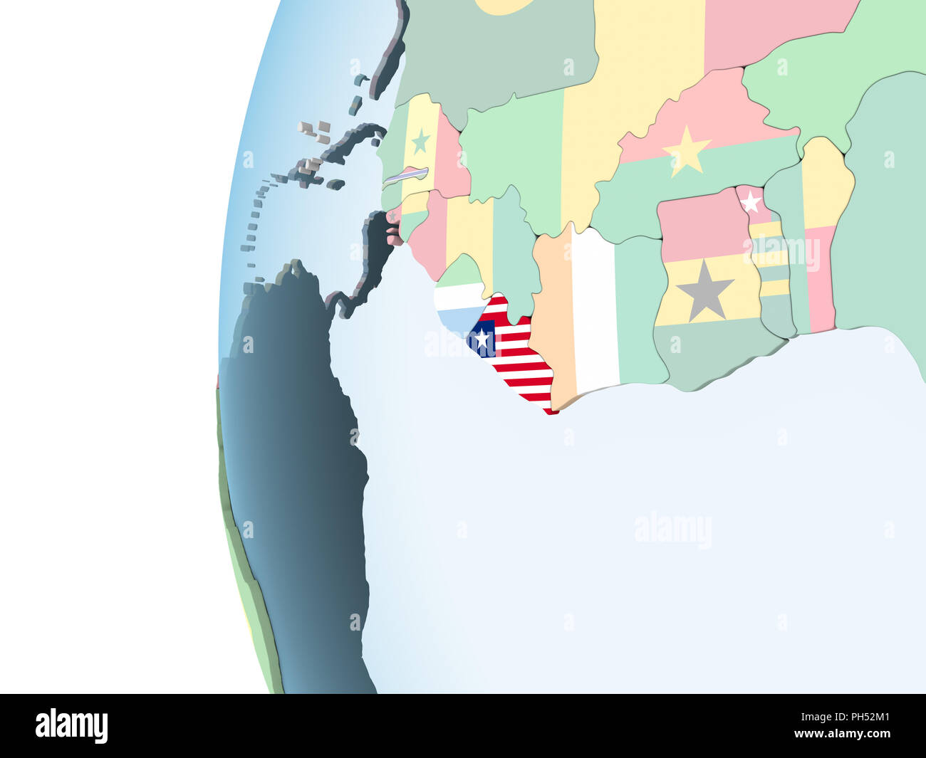 Liberia on bright political globe with embedded flag. 3D illustration ...