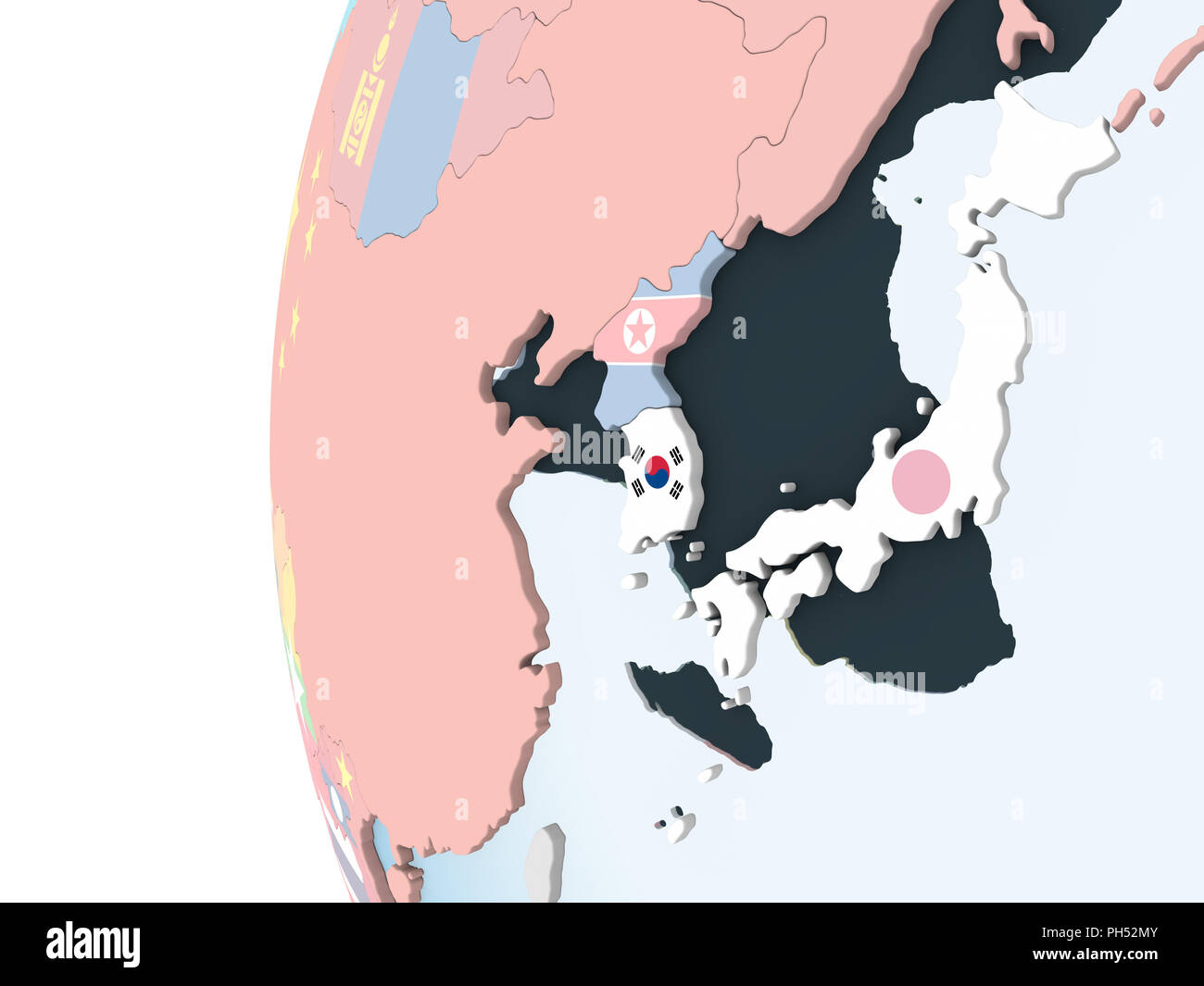 South Korea on bright political globe with embedded flag. 3D ...