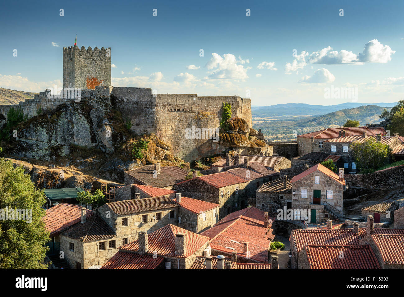 View of the historic village of Sortelha and its castle, in Portugal. - Vista da aldeia histórica de Sortelha e do seu castelo, em Portugal. Stock Photo