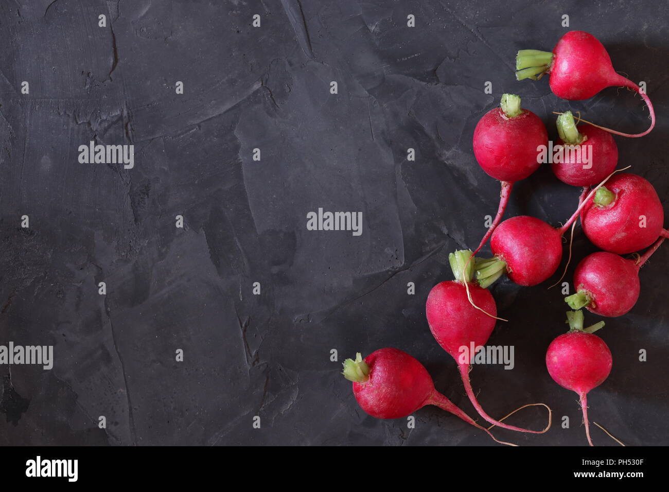 Red radishes on dark surface, flat lay, space for copy Stock Photo