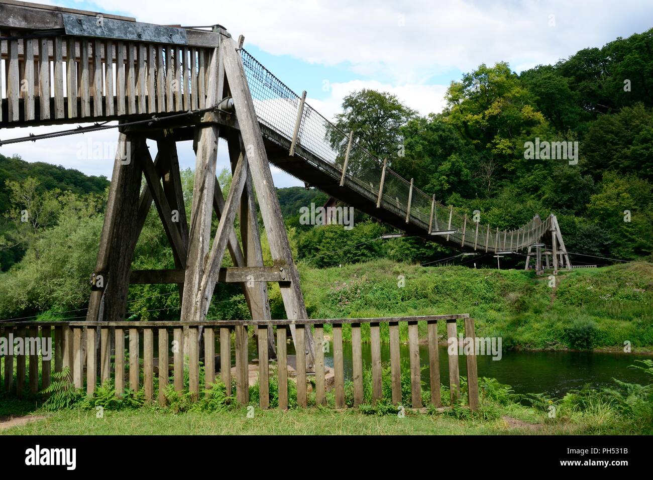 Biblins suspension bridge over the River Wye Wye Valley Walk Symonds Yat England UK Stock Photo