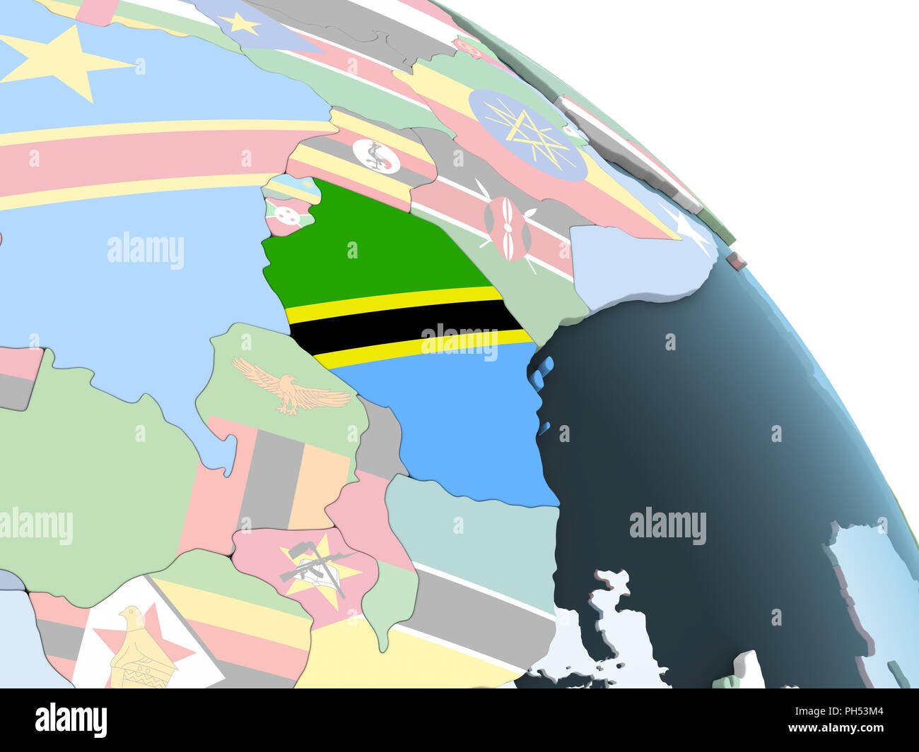 Tanzania on bright political globe with embedded flag. 3D illustration ...