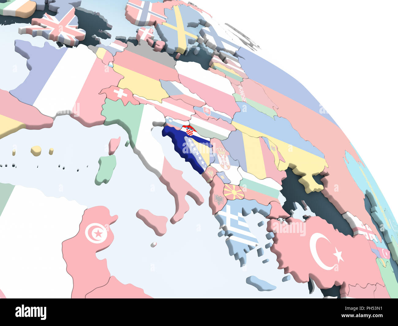 Croatia on bright political globe with embedded flag. 3D illustration ...