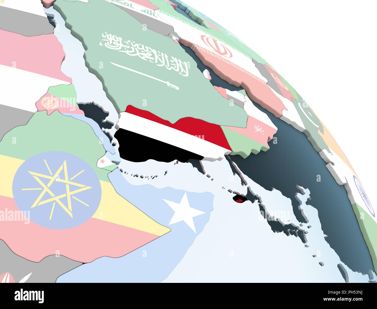 Yemen on bright political globe with embedded flag. 3D illustration ...