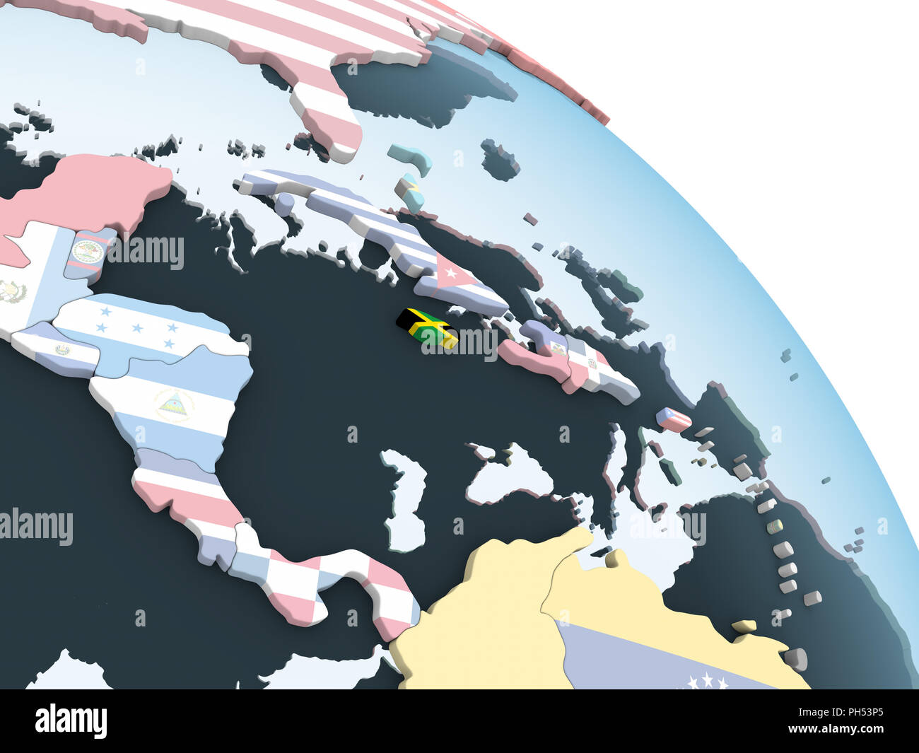 Jamaica on bright political globe with embedded flag. 3D illustration ...