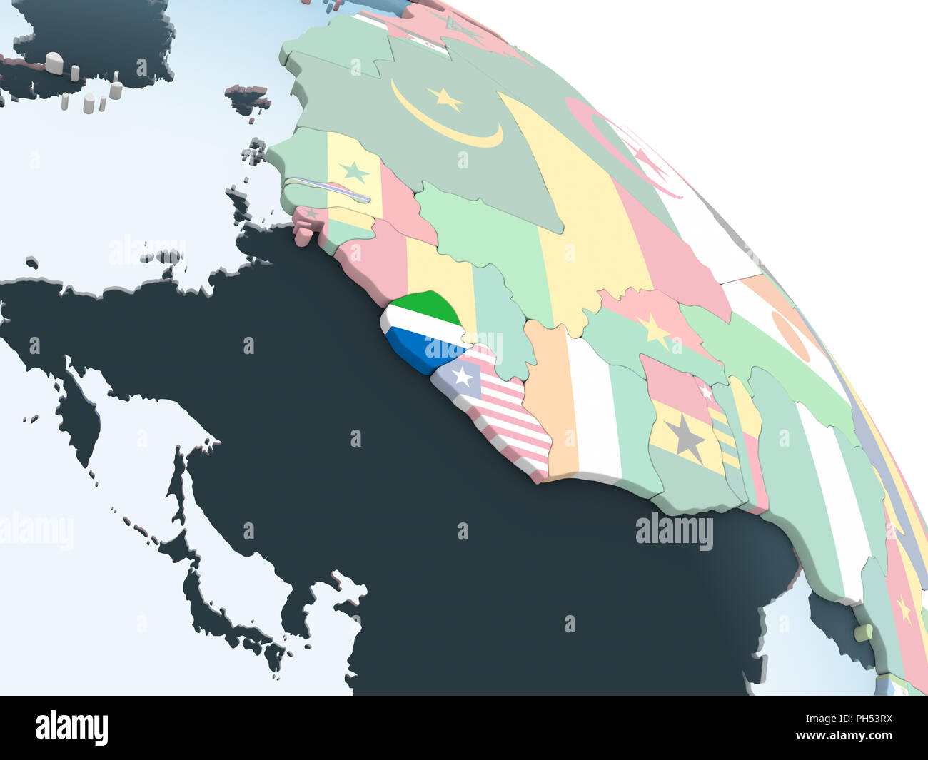 Sierra Leone on bright political globe with embedded flag. 3D ...