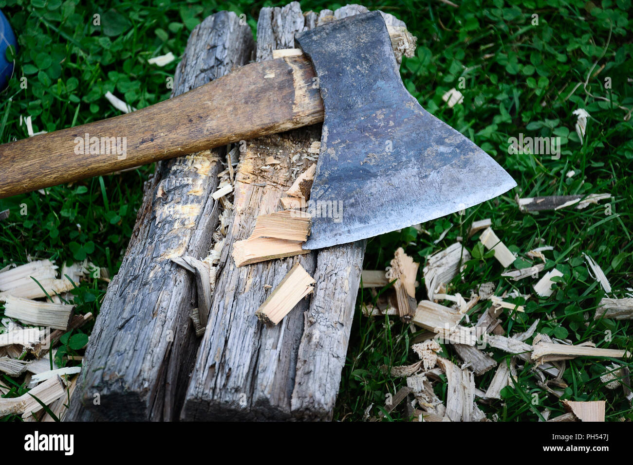 Axe with wood chips. horizontal Stock Photo
