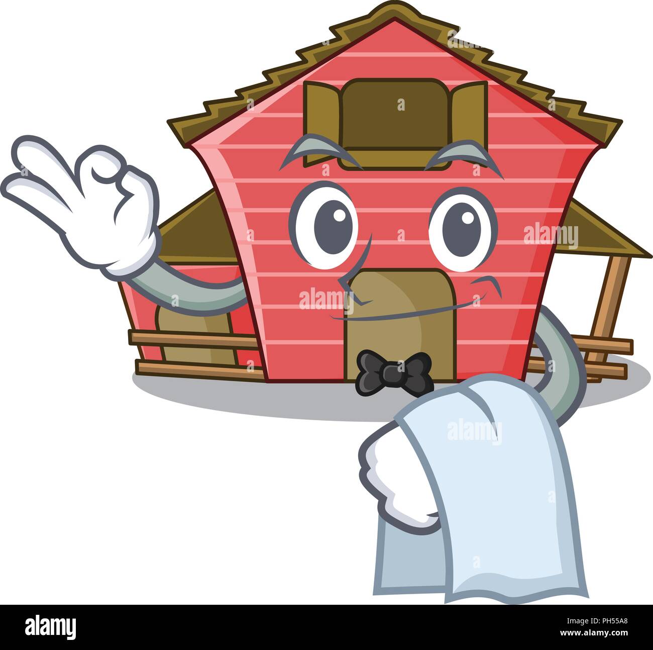 Waiter spring day with a red barn cartoon vector illustration Stock Vector