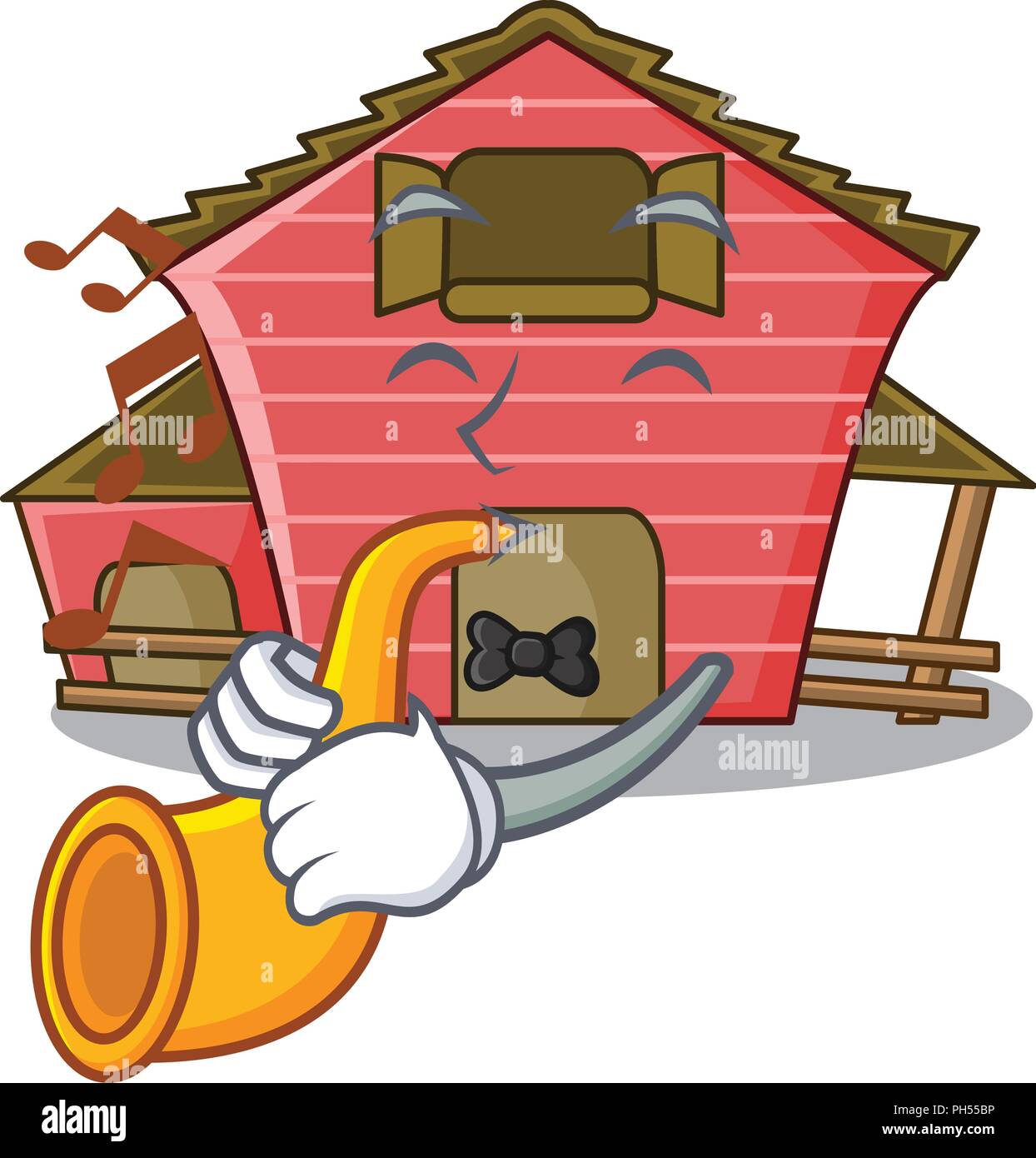 With Trumpet Spring Day With A Red Barn Cartoon Vector