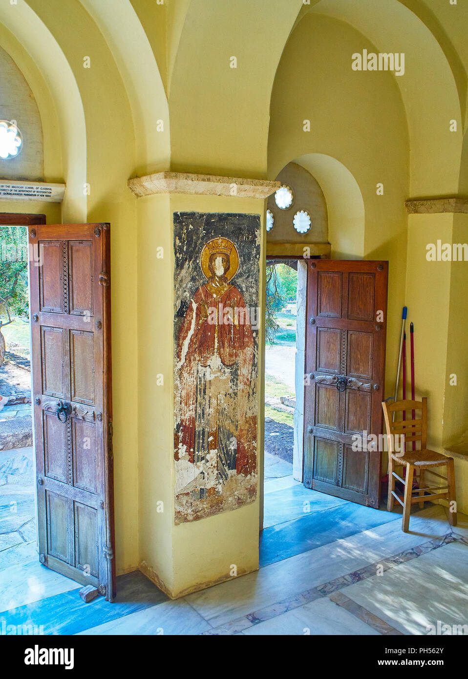 Athens, Greece - July 1, 2018. Entrance of the Church of the Holy Apostles, christian church located at the Ancient Agora of Athens. Attica region, Gr Stock Photo