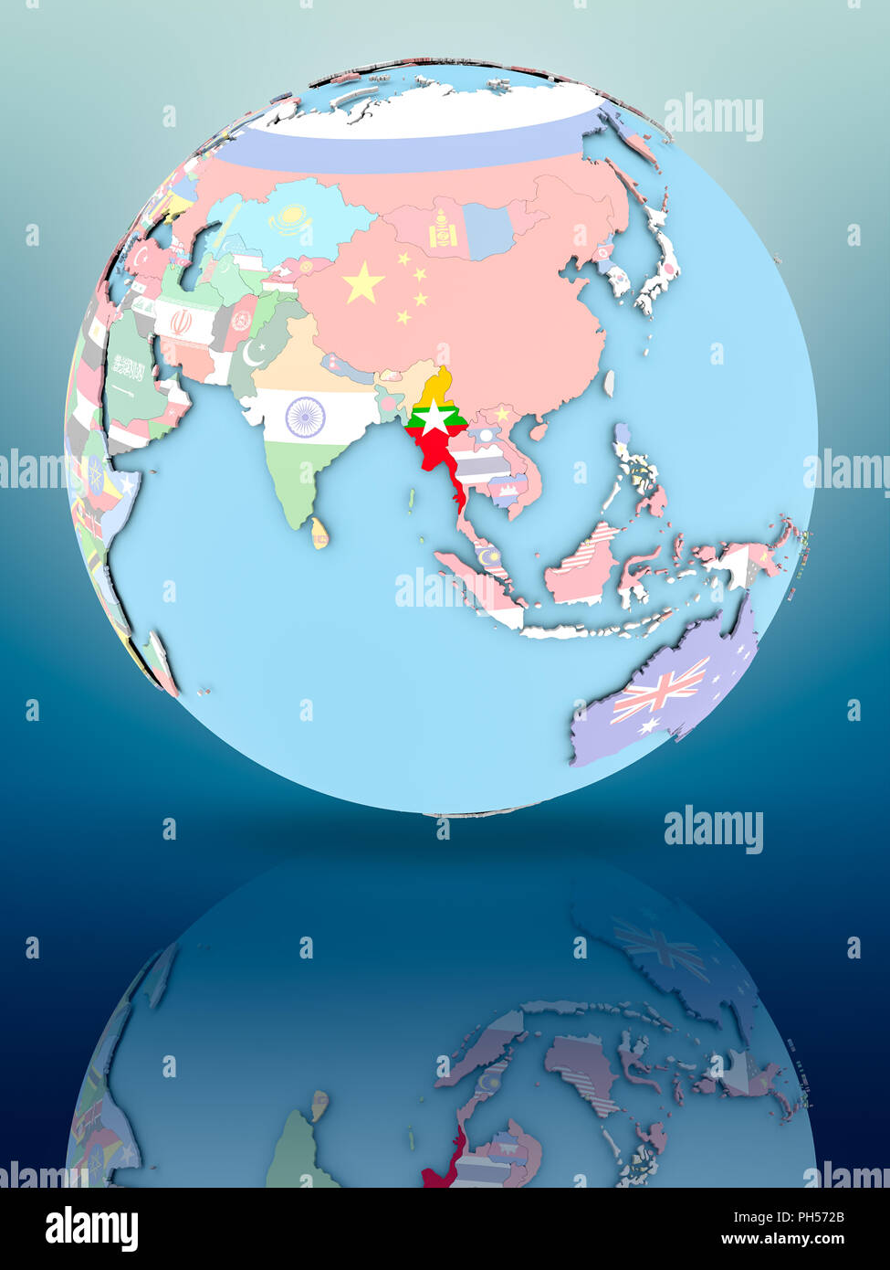 Myanmar on political globe with national flags on reflective surface ...