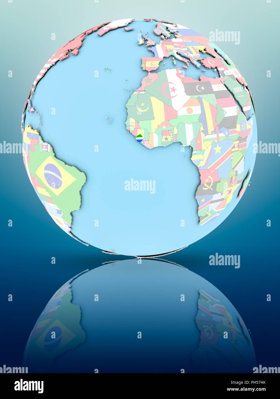 Sierra Leone on political globe with national flags on reflective ...