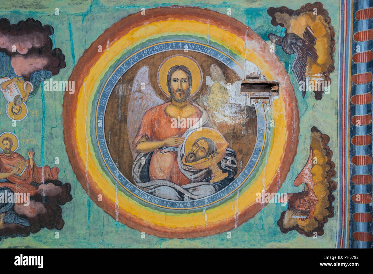 Cheia, Romania - August 15, 2018: Close up of old deteriorated fresco at Cheia Monastery in Cheia, Prahova, Romania. Stock Photo