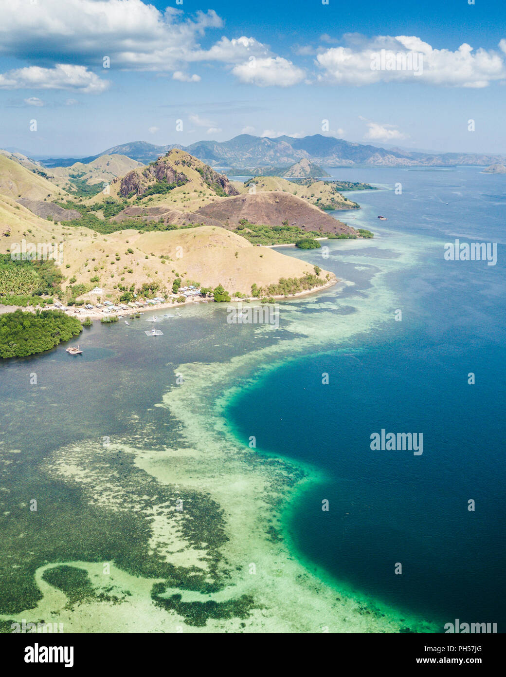 Aerial view of islands and corals at Labuan Bajo Indonesia. Stock Photo