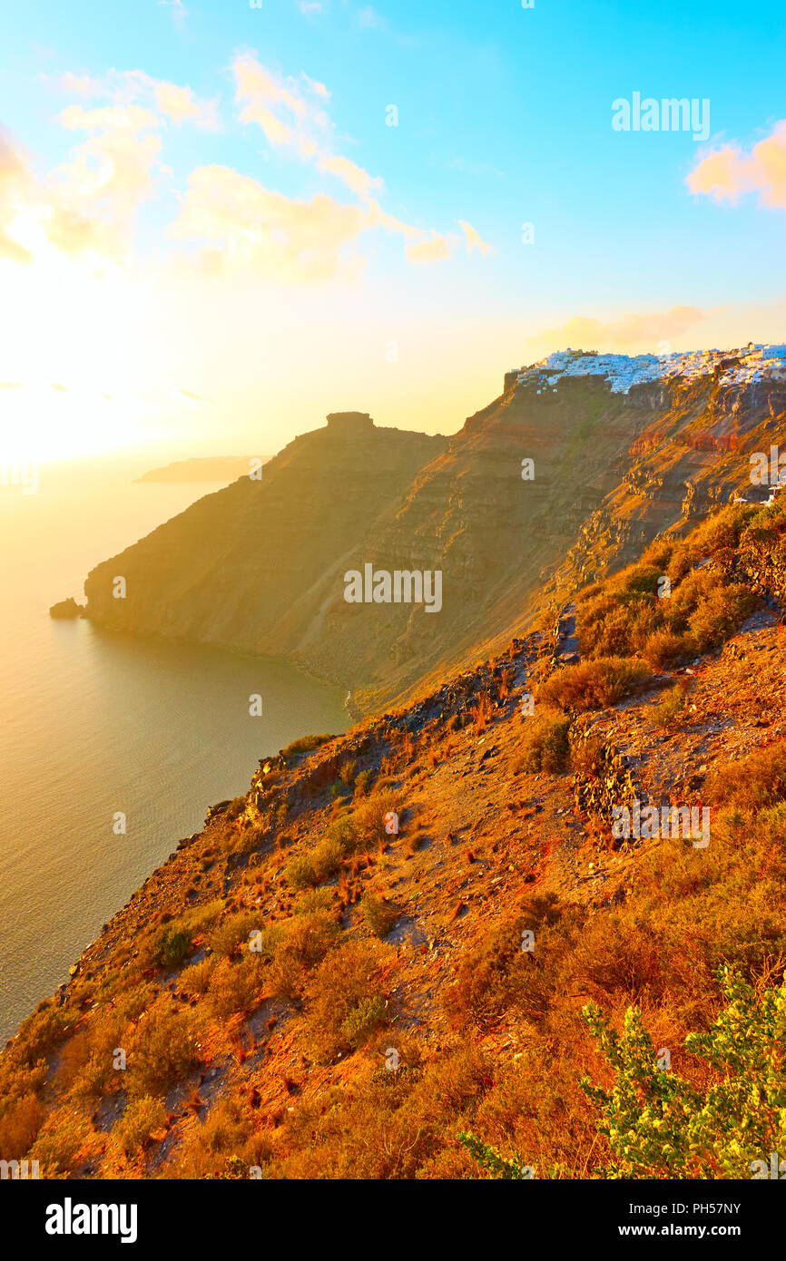 Village on the very brink of a precipice in the evening, Santorini, Greece Stock Photo