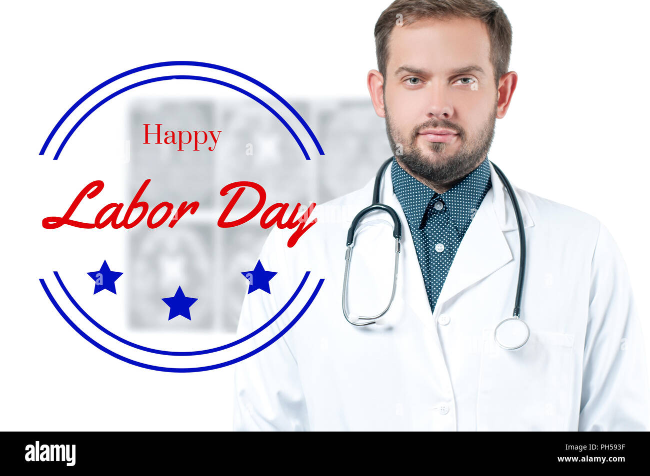 Happy Labor Day. United States flag. Doctor on white background Stock