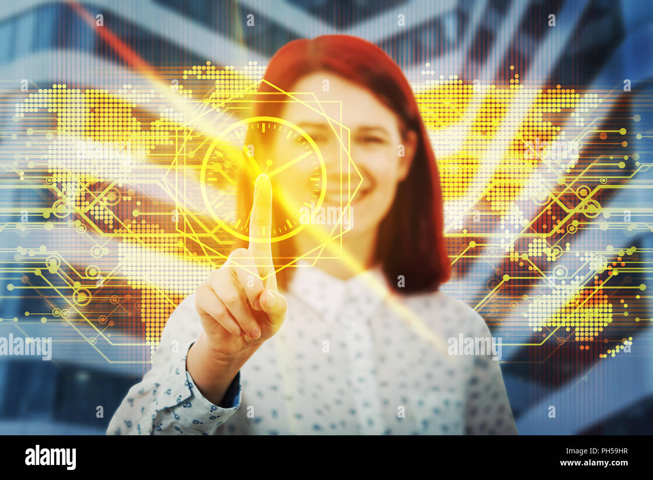 Smiling woman touching digital screen interface. Press on the golden clock icon. Modern technology time planning concept. Virtual business services fo Stock Photo